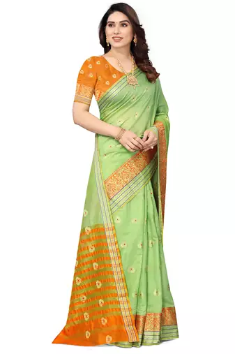 Women'S Green Jacquard Cotton Blend Golden Zari Butta Woven Maheshwari Saree With Blouse Piece