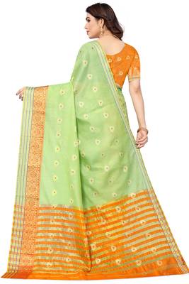 Women'S Green Jacquard Cotton Blend Golden Zari Butta Woven Maheshwari Saree With Blouse Piece 4