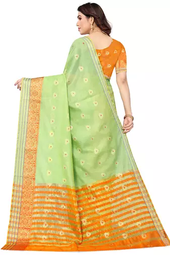 Women'S Green Jacquard Cotton Blend Golden Zari Butta Woven Maheshwari Saree With Blouse Piece