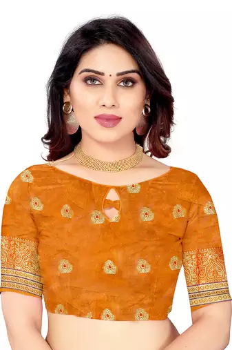 Women'S Green Jacquard Cotton Blend Golden Zari Butta Woven Maheshwari Saree With Blouse Piece