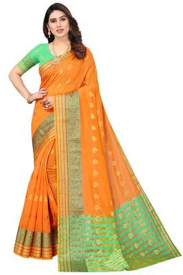 Women'S Orange Jacquard Cotton Blend Golden Zari Butta Woven Maheshwari Saree With Blouse Piece 1