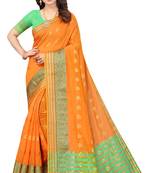 Women'S Orange Jacquard Cotton Blend Golden Zari Butta Woven Maheshwari Saree With Blouse Piece