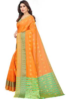 Women'S Orange Jacquard Cotton Blend Golden Zari Butta Woven Maheshwari Saree With Blouse Piece 2