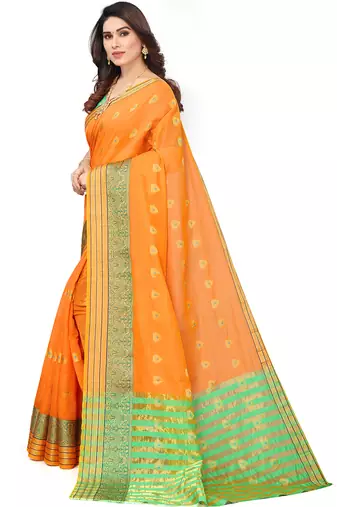 Women'S Orange Jacquard Cotton Blend Golden Zari Butta Woven Maheshwari Saree With Blouse Piece