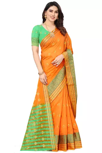 Women'S Orange Jacquard Cotton Blend Golden Zari Butta Woven Maheshwari Saree With Blouse Piece