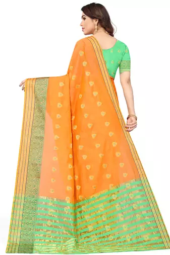 Women'S Orange Jacquard Cotton Blend Golden Zari Butta Woven Maheshwari Saree With Blouse Piece