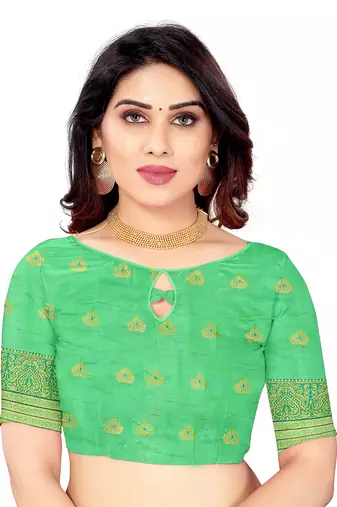 Women'S Orange Jacquard Cotton Blend Golden Zari Butta Woven Maheshwari Saree With Blouse Piece