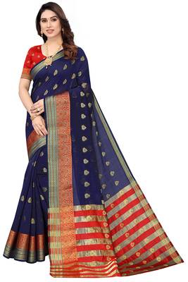 Women'S Navy Blue Jacquard Cotton Blend Golden Zari Butta Woven Maheshwari Saree With Blouse Piece 1