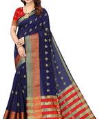 Leeza Store Women'S Navy Blue Jacquard Cotton Blend Golden Zari Butta Woven Maheshwari Saree With Blouse Piece