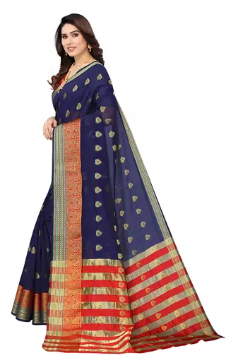 Women'S Navy Blue Jacquard Cotton Blend Golden Zari Butta Woven Maheshwari Saree With Blouse Piece
