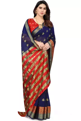 Women'S Navy Blue Jacquard Cotton Blend Golden Zari Butta Woven Maheshwari Saree With Blouse Piece