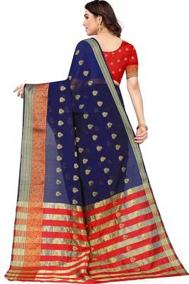 Women'S Navy Blue Jacquard Cotton Blend Golden Zari Butta Woven Maheshwari Saree With Blouse Piece 4