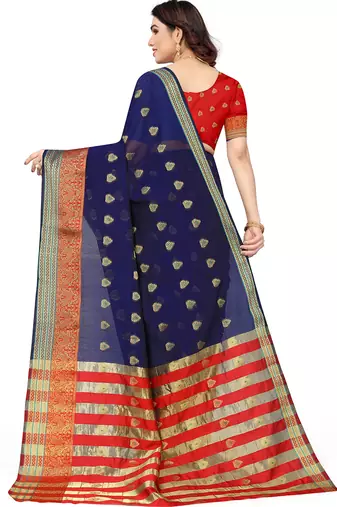 Women'S Navy Blue Jacquard Cotton Blend Golden Zari Butta Woven Maheshwari Saree With Blouse Piece