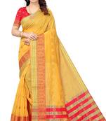 Leeza Store Women'S Yellow Jacquard Cotton Blend Golden Zari Butta Woven Maheshwari Saree With Blouse Piece