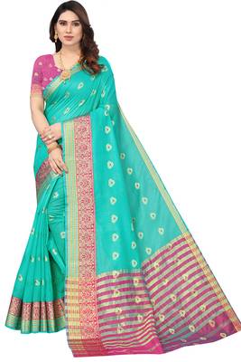 Women'S Ocean Green Jacquard Cotton Blend Golden Zari Butta Woven Maheshwari Saree With Blouse Piece 1