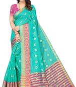 Leeza Store Women'S Ocean Green Jacquard Cotton Blend Golden Zari Butta Woven Maheshwari Saree With Blouse Piece