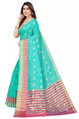 Women'S Ocean Green Jacquard Cotton Blend Golden Zari Butta Woven Maheshwari Saree With Blouse Piece