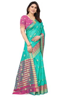 Women'S Ocean Green Jacquard Cotton Blend Golden Zari Butta Woven Maheshwari Saree With Blouse Piece 3