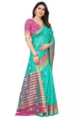 Women'S Ocean Green Jacquard Cotton Blend Golden Zari Butta Woven Maheshwari Saree With Blouse Piece