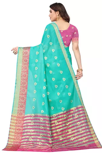 Women'S Ocean Green Jacquard Cotton Blend Golden Zari Butta Woven Maheshwari Saree With Blouse Piece