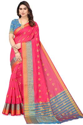Women'S Pink Jacquard Cotton Blend Golden Zari Butta Woven Maheshwari Saree With Blouse Piece 1