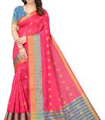 Women'S Pink Jacquard Cotton Blend Golden Zari Butta Woven Maheshwari Saree With Blouse Piece