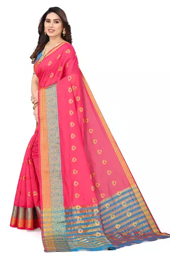 Women'S Pink Jacquard Cotton Blend Golden Zari Butta Woven Maheshwari Saree With Blouse Piece
