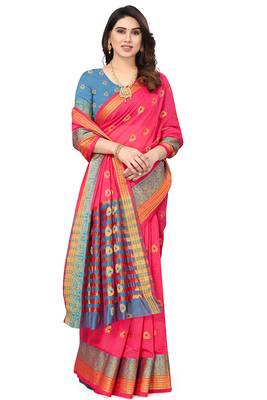 Women'S Pink Jacquard Cotton Blend Golden Zari Butta Woven Maheshwari Saree With Blouse Piece 3