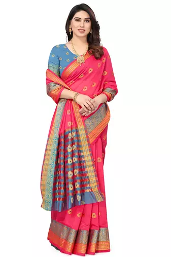 Women'S Pink Jacquard Cotton Blend Golden Zari Butta Woven Maheshwari Saree With Blouse Piece