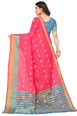 Women'S Pink Jacquard Cotton Blend Golden Zari Butta Woven Maheshwari Saree With Blouse Piece 4
