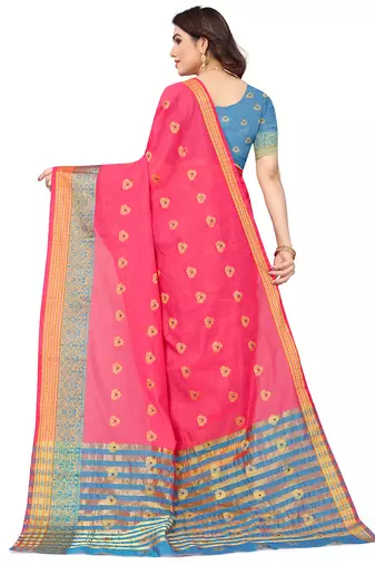 Women'S Pink Jacquard Cotton Blend Golden Zari Butta Woven Maheshwari Saree With Blouse Piece