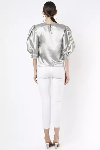 Silver satin ruffle top