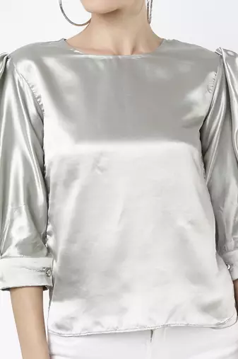 Silver satin ruffle top