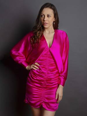 Hot pink satin drapped dress 1