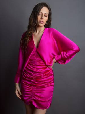 Hot pink satin drapped dress 2