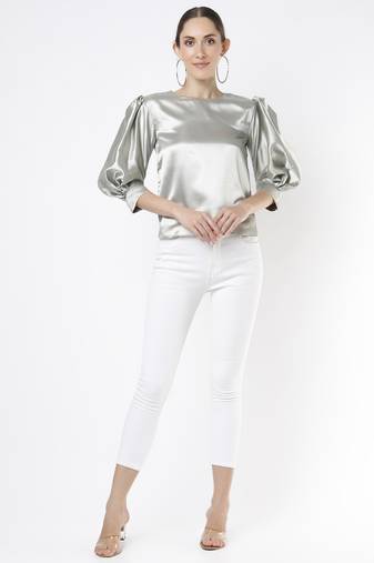 Silver satin ruffle top