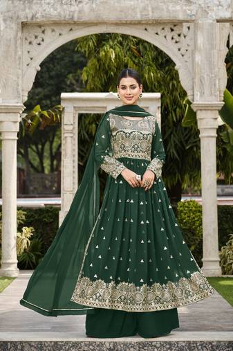 GREEN COLOR NAYRA CUT SALWAR SUIT IN GEORGETTE FABRIC WITH SEQUENCE EMBROIDERY AS FULL STITCHED 44 SIZE