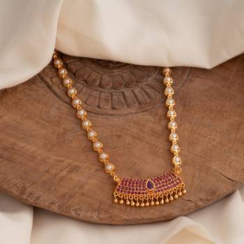   pearl beads chain medium length 18" with ruby pendant one gram gold 1