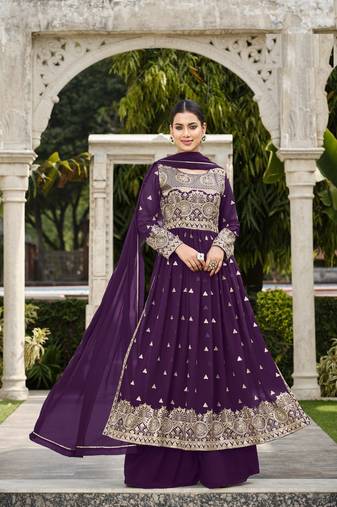 PURPLE COLOR NAYRA CUT SALWAR SUIT IN GEORGETTE FABRIC WITH SEQUENCE EMBROIDERY AS FULL STITCHED 44 SIZE