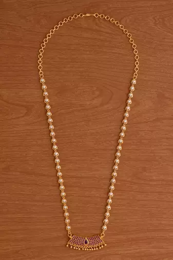  pearl beads chain medium length 18" with ruby pendant one gram gold