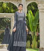 GREY NAYRA CUT SALWAR SUIT IN GEORGETTE WITH SEQUENCE EMBROIDERY AS FULL STITCHED 44