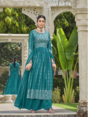 TEAL BLUE NAYRA CUT SALWAR SUIT IN GEORGETTE WITH sequin EMBROIDERY AS FULL STITCHED 44 1