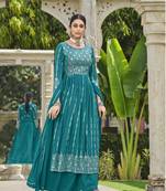 TEAL BLUE NAYRA CUT SALWAR SUIT IN GEORGETTE WITH SEQUENCE EMBROIDERY AS FULL STITCHED 44