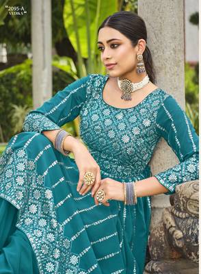 TEAL BLUE NAYRA CUT SALWAR SUIT IN GEORGETTE WITH sequin EMBROIDERY AS FULL STITCHED 44 2