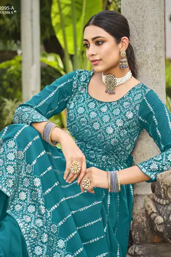 TEAL BLUE NAYRA CUT SALWAR SUIT IN GEORGETTE WITH sequin EMBROIDERY AS FULL STITCHED 44