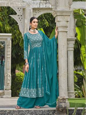 TEAL BLUE NAYRA CUT SALWAR SUIT IN GEORGETTE WITH sequin EMBROIDERY AS FULL STITCHED 44 3
