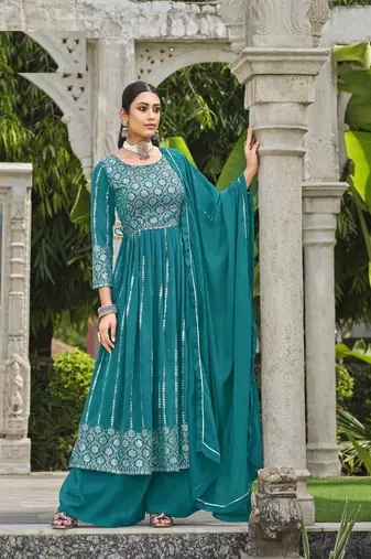 TEAL BLUE NAYRA CUT SALWAR SUIT IN GEORGETTE WITH sequin EMBROIDERY AS FULL STITCHED 44