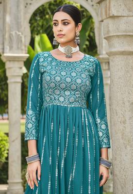 TEAL BLUE NAYRA CUT SALWAR SUIT IN GEORGETTE WITH sequin EMBROIDERY AS FULL STITCHED 44 4