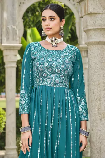 TEAL BLUE NAYRA CUT SALWAR SUIT IN GEORGETTE WITH sequin EMBROIDERY AS FULL STITCHED 44