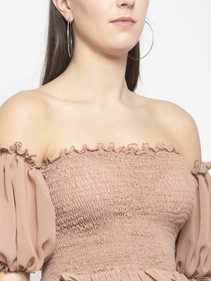 Beige smoked off shoulder crop top 2